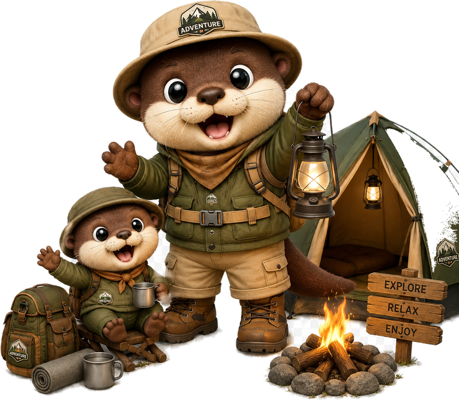 Tommy & Koboi at their campsite with tent, lantern and campfire